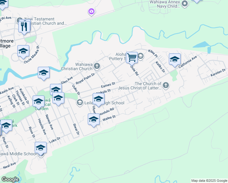 map of restaurants, bars, coffee shops, grocery stores, and more near 1707 Nakula Street in Wahiawa
