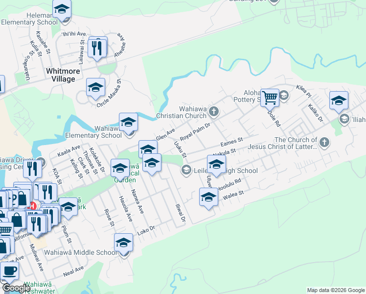 map of restaurants, bars, coffee shops, grocery stores, and more near 1566 Eames Street in Wahiawa