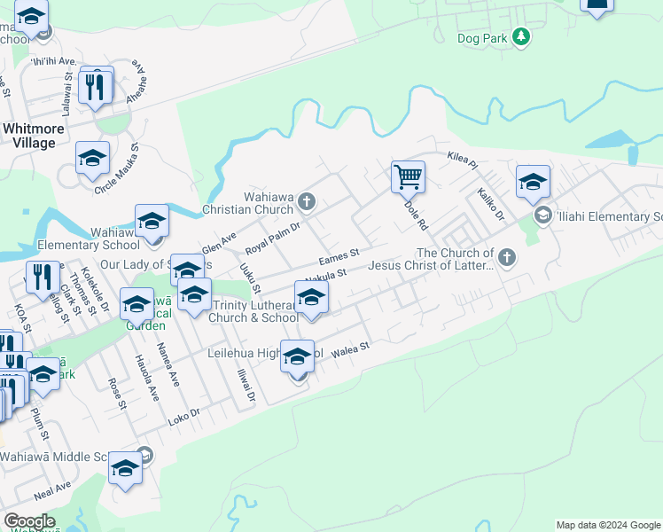 map of restaurants, bars, coffee shops, grocery stores, and more near 1695 Eames Street in Wahiawa