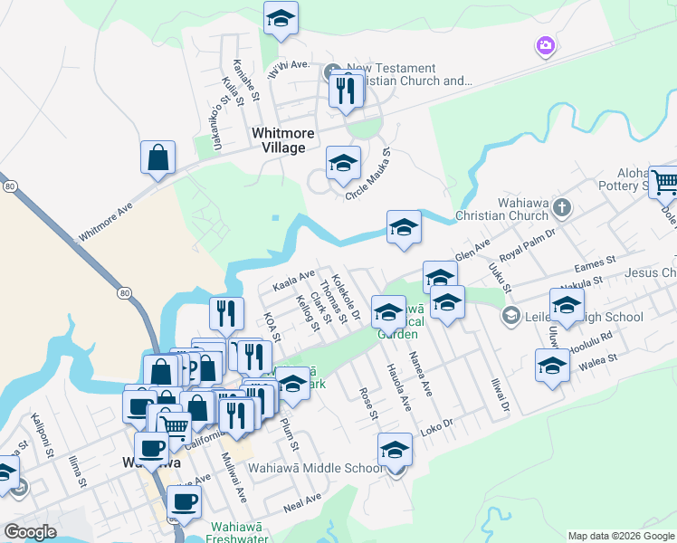 map of restaurants, bars, coffee shops, grocery stores, and more near 271 Valley Avenue in Wahiawa