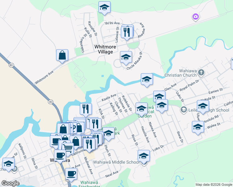 map of restaurants, bars, coffee shops, grocery stores, and more near 325 Thomas Street in Wahiawa