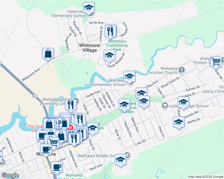 map of restaurants, bars, coffee shops, grocery stores, and more near 271 Valley Avenue in Wahiawa