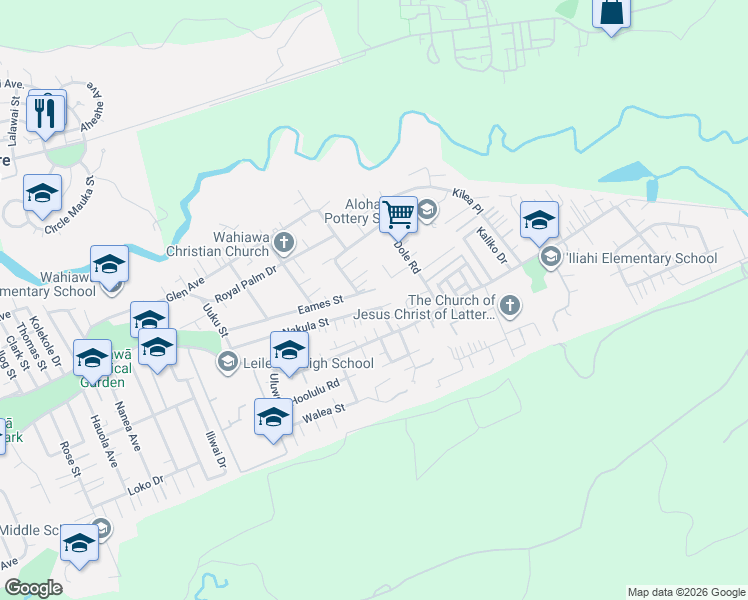 map of restaurants, bars, coffee shops, grocery stores, and more near 1783 Eames Street in Wahiawa
