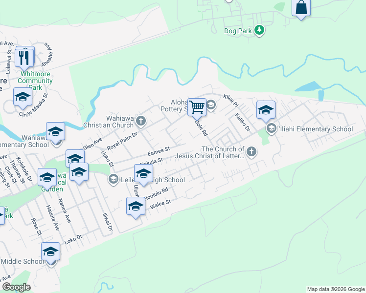 map of restaurants, bars, coffee shops, grocery stores, and more near 1783 Eames Street in Wahiawa