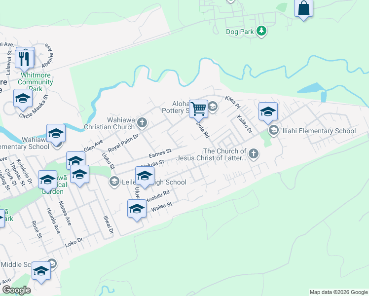 map of restaurants, bars, coffee shops, grocery stores, and more near 1783 Eames Street in Wahiawa