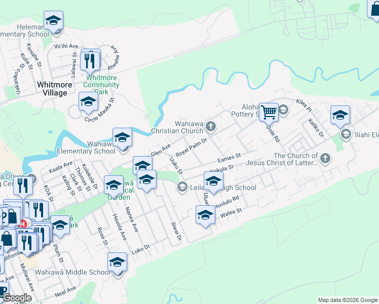 map of restaurants, bars, coffee shops, grocery stores, and more near 1605 Royal Palm Drive in Wahiawa