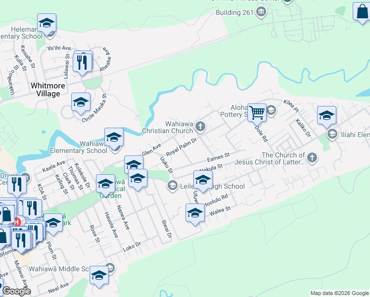 map of restaurants, bars, coffee shops, grocery stores, and more near 1605 Royal Palm Drive in Wahiawa