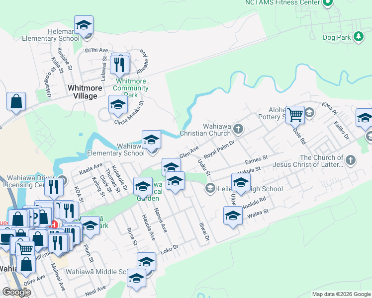 map of restaurants, bars, coffee shops, grocery stores, and more near 1512 Glen Avenue in Wahiawa