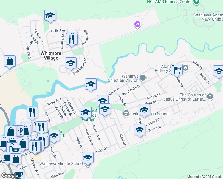 map of restaurants, bars, coffee shops, grocery stores, and more near 1512 Glen Avenue in Wahiawa