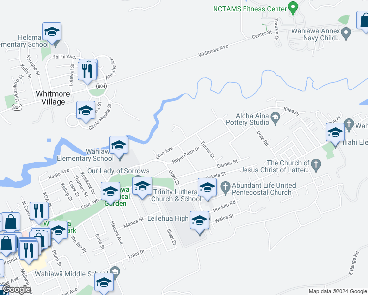 map of restaurants, bars, coffee shops, grocery stores, and more near 320 Nichols Street in Wahiawā