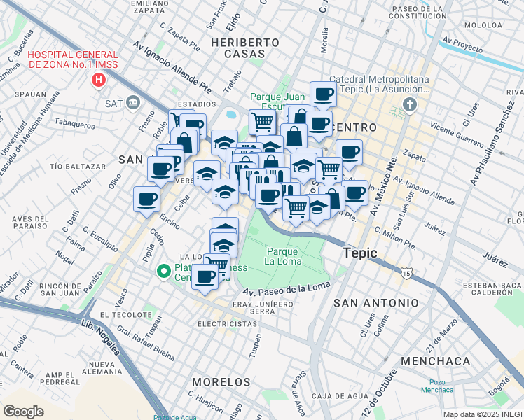 map of restaurants, bars, coffee shops, grocery stores, and more near 104 De Los Insurgentes Poniente in Tepic