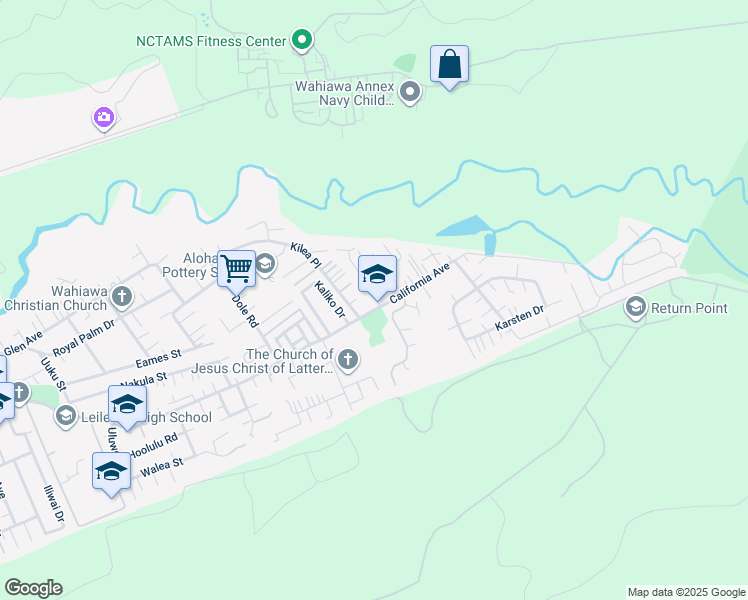 map of restaurants, bars, coffee shops, grocery stores, and more near 2030 California Avenue in Wahiawa