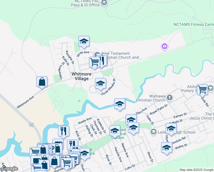 map of restaurants, bars, coffee shops, grocery stores, and more near 242 Circle Mauka Street in Wahiawa