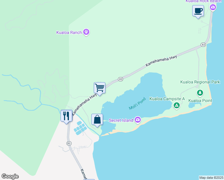 map of restaurants, bars, coffee shops, grocery stores, and more near 51 Kamehameha Highway in Kaaawa