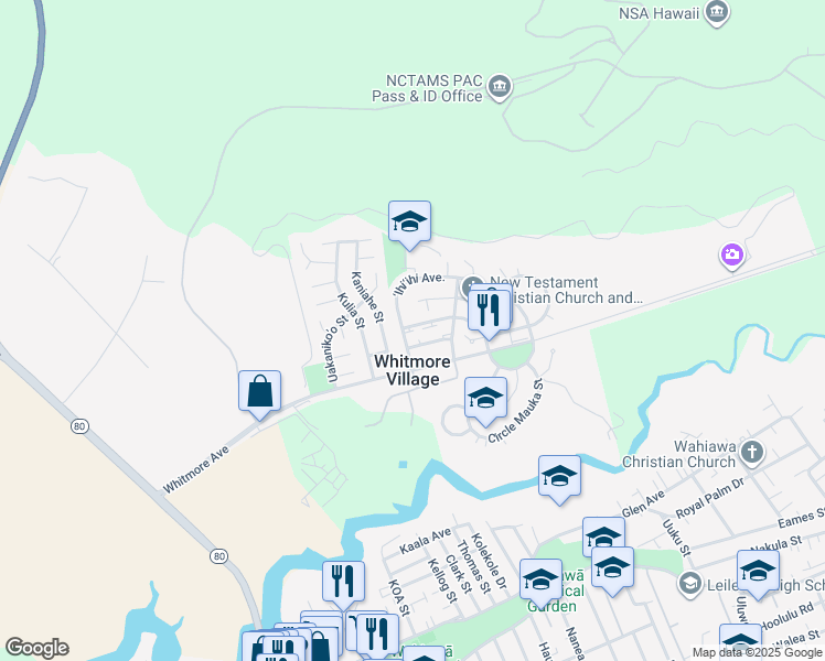 map of restaurants, bars, coffee shops, grocery stores, and more near 1016 Ehoeho Avenue in Wahiawa