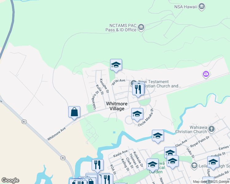 map of restaurants, bars, coffee shops, grocery stores, and more near 1016 Ehoeho Avenue in Wahiawa