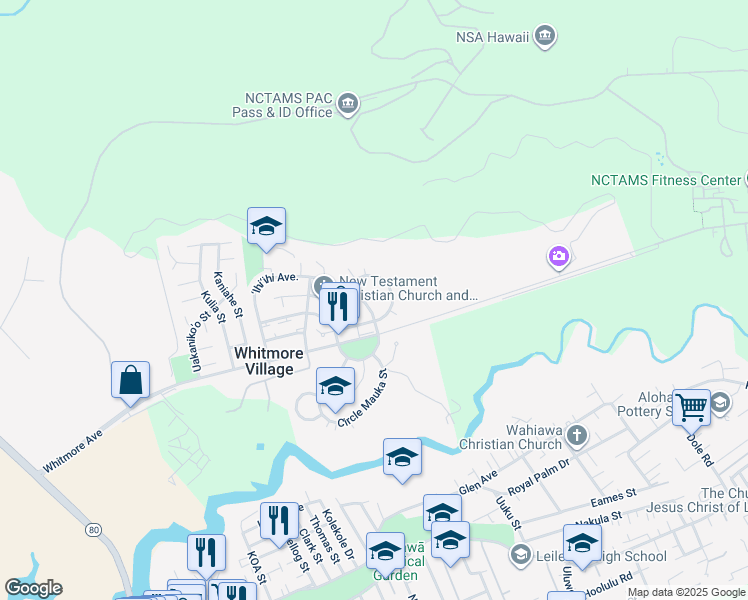 map of restaurants, bars, coffee shops, grocery stores, and more near 1257 Ihiihi Place in Wahiawa