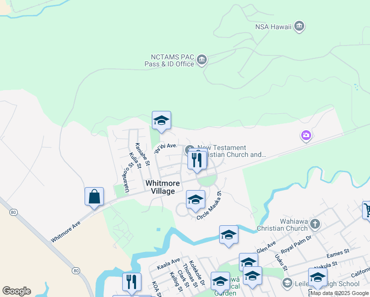 map of restaurants, bars, coffee shops, grocery stores, and more near 1055 Hoihoi Avenue in Wahiawa