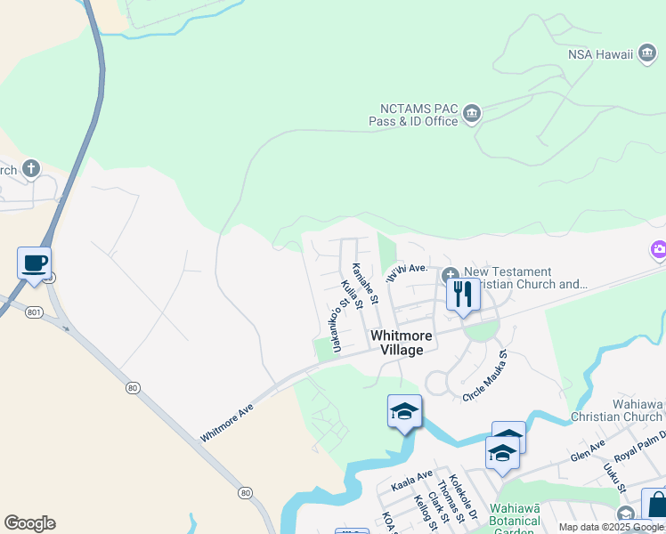 map of restaurants, bars, coffee shops, grocery stores, and more near 134 Hoopiha Place in Wahiawa
