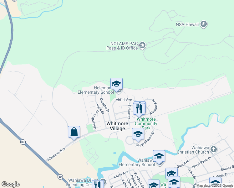map of restaurants, bars, coffee shops, grocery stores, and more near 1001 Ihiihi Avenue in Wahiawā
