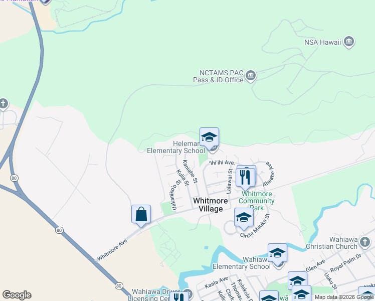 map of restaurants, bars, coffee shops, grocery stores, and more near 121 Kaniahe Place in Wahiawa