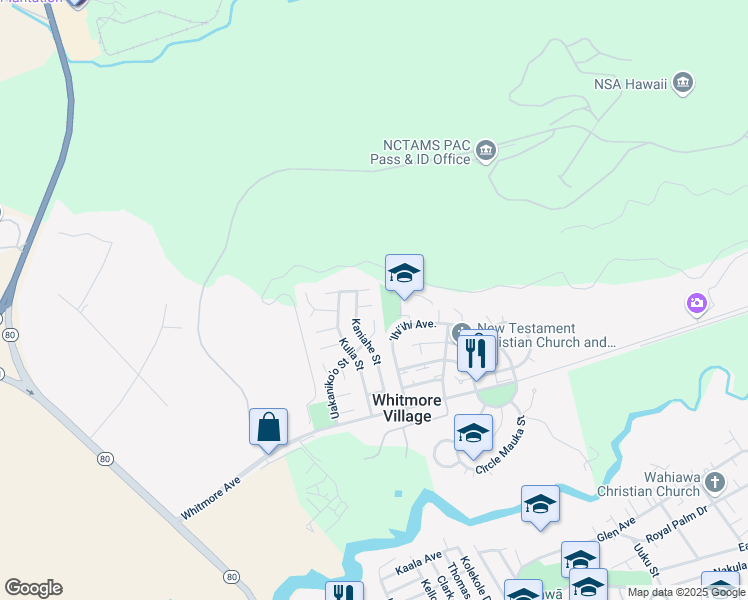 map of restaurants, bars, coffee shops, grocery stores, and more near 121 Kaniahe Place in Wahiawa