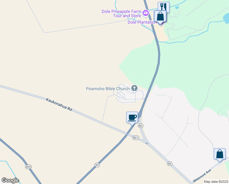 map of restaurants, bars, coffee shops, grocery stores, and more near 732 Homohana Road in Wahiawa