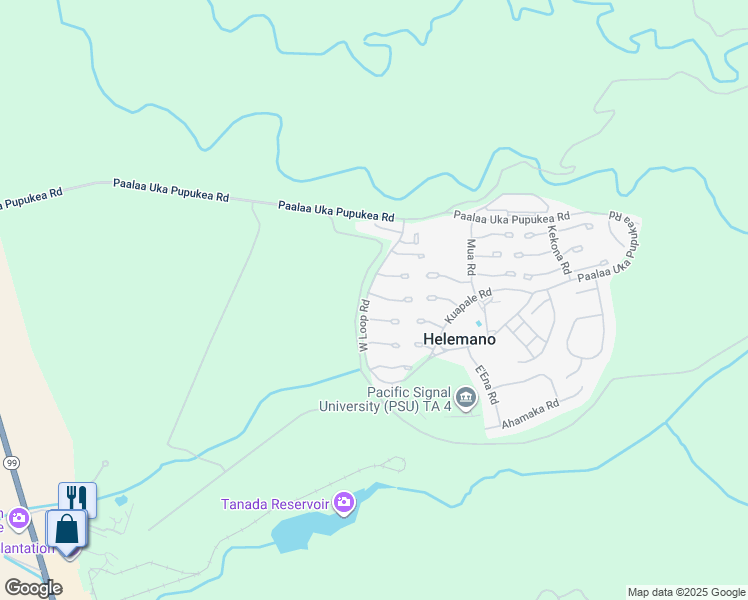 map of restaurants, bars, coffee shops, grocery stores, and more near Plantation Road in Wahiawa