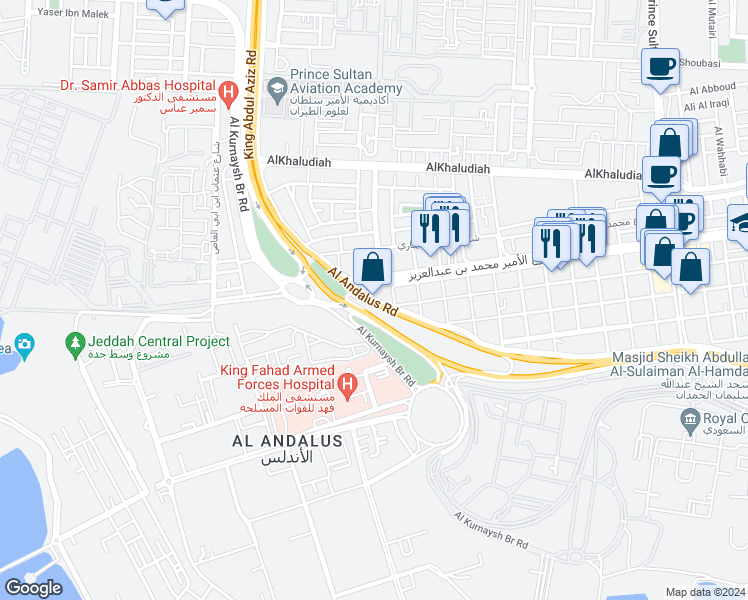 map of restaurants, bars, coffee shops, grocery stores, and more near Tahlia Street in Jeddah
