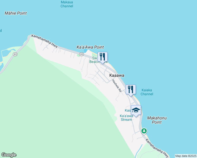 map of restaurants, bars, coffee shops, grocery stores, and more near 61 Haahaa Street in Kaaawa