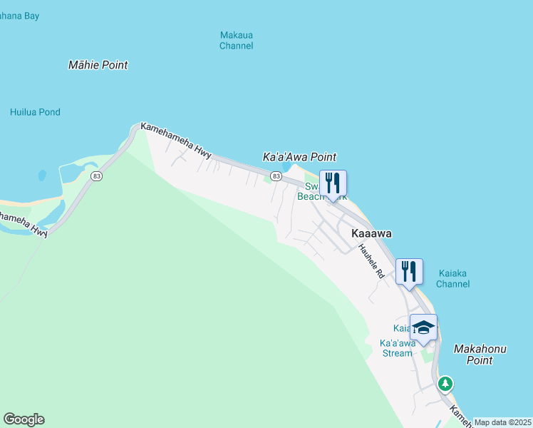 map of restaurants, bars, coffee shops, grocery stores, and more near 51-540E Kamehameha Highway in Kaaawa