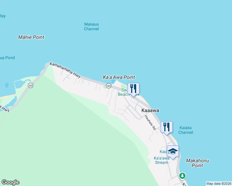 map of restaurants, bars, coffee shops, grocery stores, and more near 51-124 Kaʻaʻawa Park Lane in Kaaawa