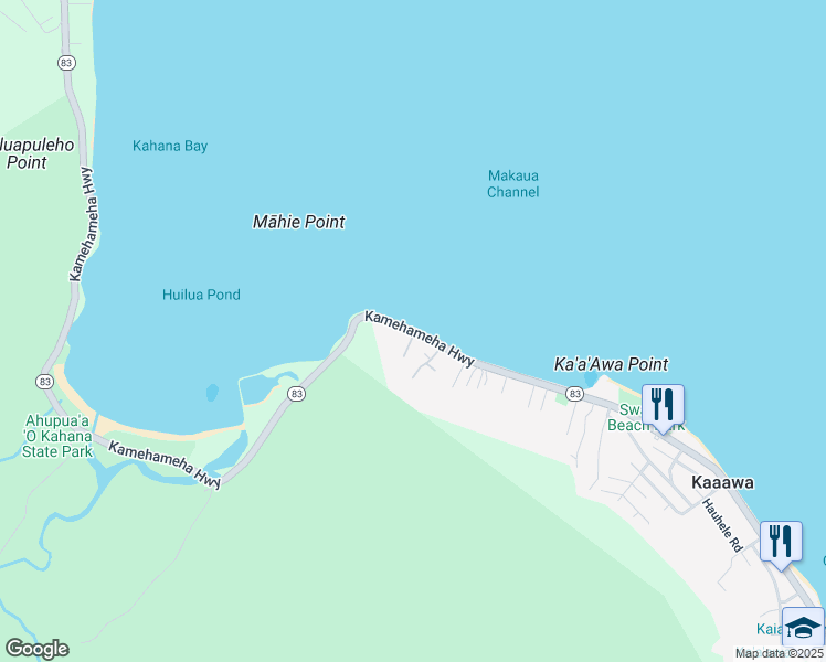 map of restaurants, bars, coffee shops, grocery stores, and more near 51 Kamehameha Highway in Kaaawa