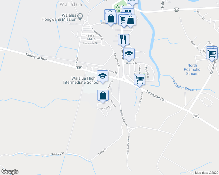 map of restaurants, bars, coffee shops, grocery stores, and more near 67-534 Kahui Street in Waialua