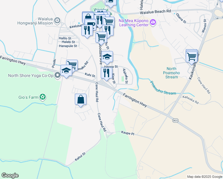 map of restaurants, bars, coffee shops, grocery stores, and more near 67-016 Farrington Highway in Waialua