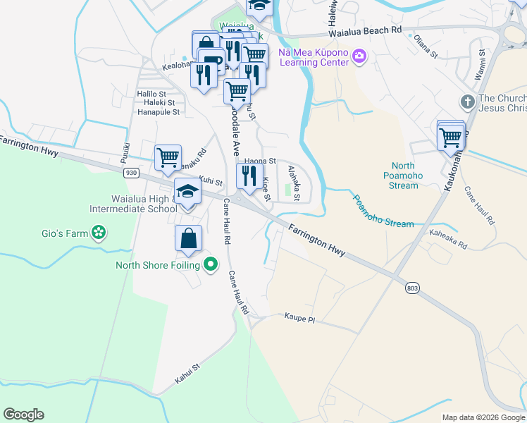 map of restaurants, bars, coffee shops, grocery stores, and more near 67-016 Farrington Highway in Waialua