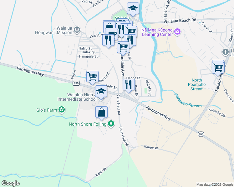 map of restaurants, bars, coffee shops, grocery stores, and more near 67-126 Kuhi Street in Waialua