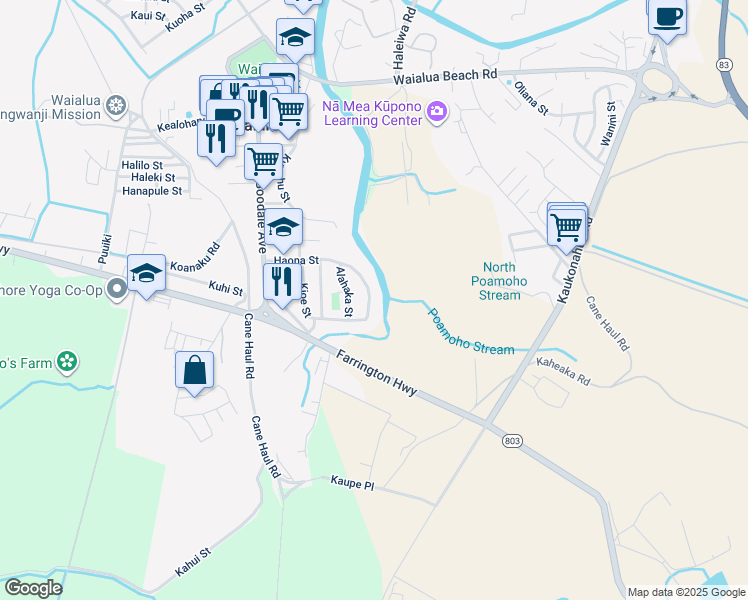 map of restaurants, bars, coffee shops, grocery stores, and more near 67-430 Haona Street in Waialua