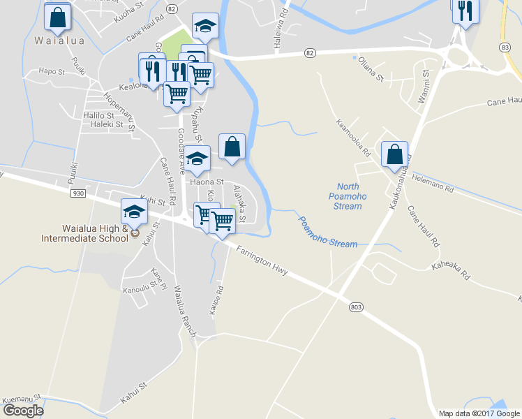 map of restaurants, bars, coffee shops, grocery stores, and more near 67-430 Haona Street in Waialua