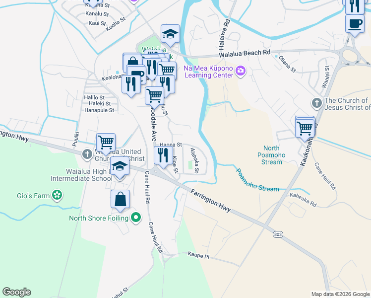 map of restaurants, bars, coffee shops, grocery stores, and more near 67-377 Haona Street in Waialua