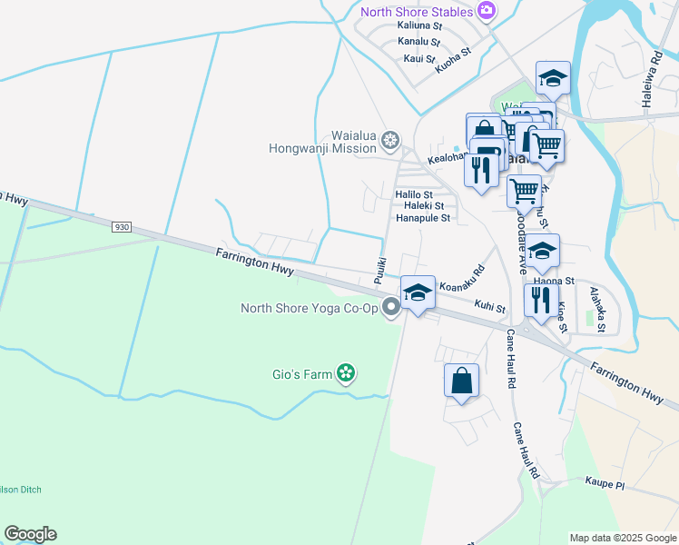 map of restaurants, bars, coffee shops, grocery stores, and more near 67-339 Farrington Highway in Waialua