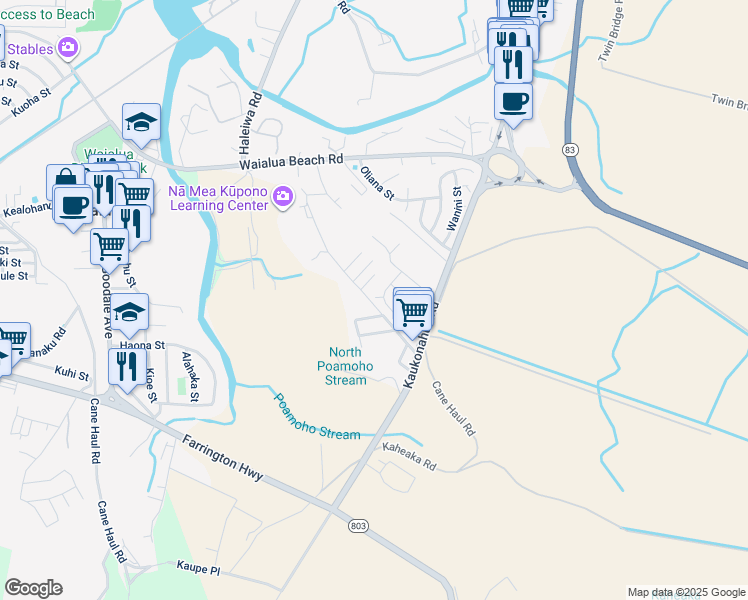map of restaurants, bars, coffee shops, grocery stores, and more near 66-388 Kaamooloa Road in Waialua