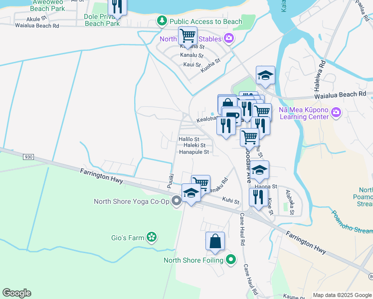 map of restaurants, bars, coffee shops, grocery stores, and more near 56 Hanapule Street in Waialua