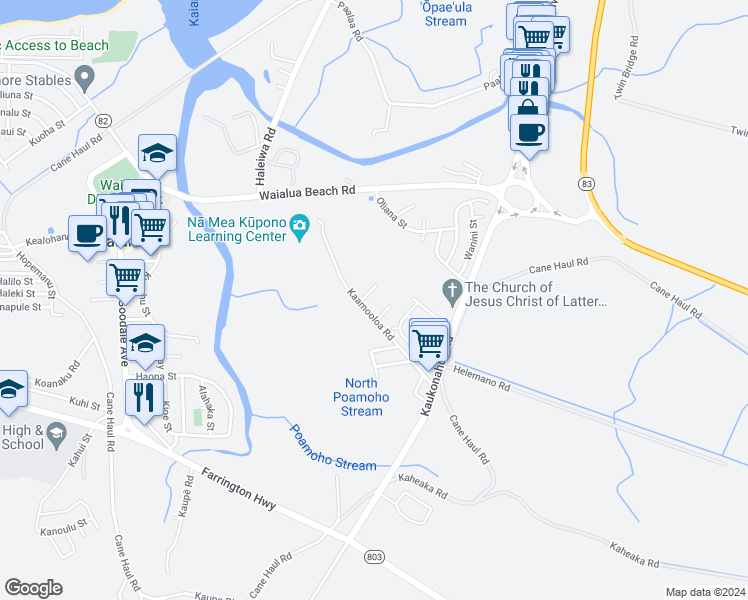 map of restaurants, bars, coffee shops, grocery stores, and more near 66-341 Kaamooloa Road in Waialua