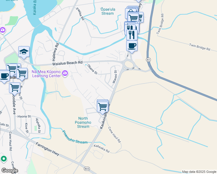 map of restaurants, bars, coffee shops, grocery stores, and more near 66-832 Keakula Street in Waialua
