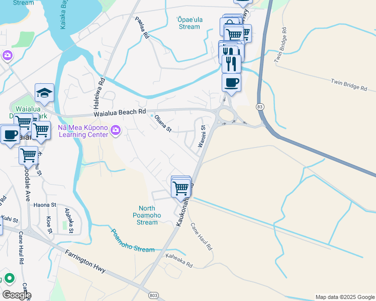 map of restaurants, bars, coffee shops, grocery stores, and more near 66-832 Keakula Street in Waialua