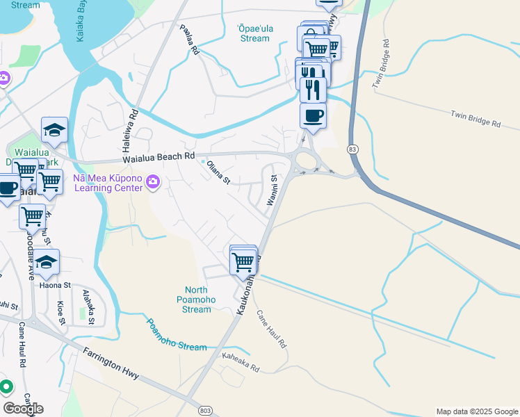 map of restaurants, bars, coffee shops, grocery stores, and more near 66-832 Keakula Street in Waialua