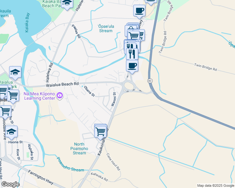 map of restaurants, bars, coffee shops, grocery stores, and more near 66-114 Wanini Place in Waialua