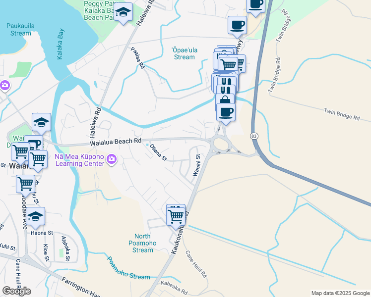 map of restaurants, bars, coffee shops, grocery stores, and more near 66090 Waialua Beach Road in Haleiwa