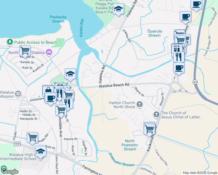 map of restaurants, bars, coffee shops, grocery stores, and more near 66-280 Waialua Beach Road in Haleiwa